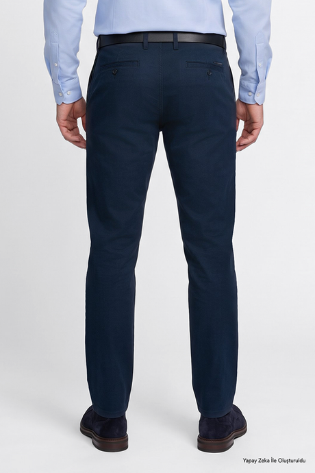 Pamuklu Tapered Fit Yan Cepli Diagonal Desenli Esnek Casual Lacivert Chino Pantolon resmi