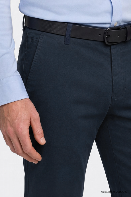 Pamuklu Tapered Fit Yan Cepli Diagonal Desenli Esnek Casual Lacivert Chino Pantolon resmi