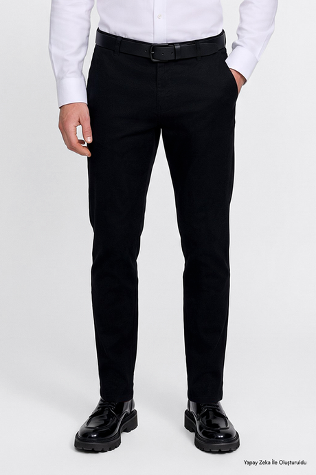 Pamuklu Tapered Fit Yan Cepli Diagonal Desenli Esnek Casual Siyah Chino Pantolon resmi