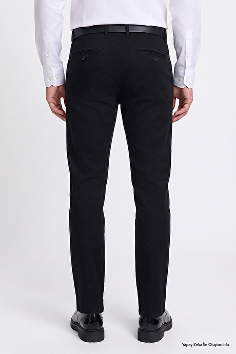Pamuklu Tapered Fit Yan Cepli Diagonal Desenli Esnek Casual Siyah Chino Pantolon resmi