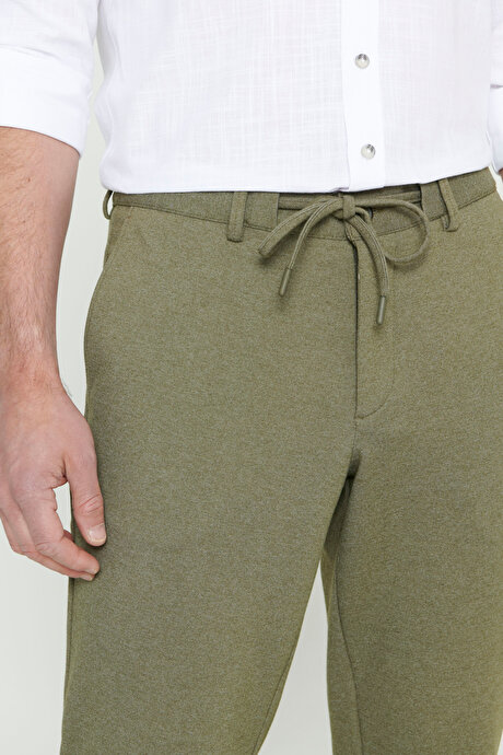 Slim Fit Dar Kesim Beli Bağlamalı Esnek Haki Pantolon resmi