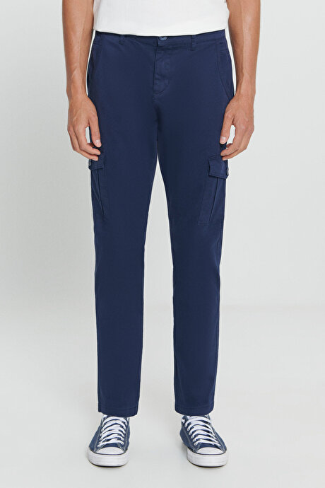 Ekstra Slim Fit Dar Kesim Kargo Cepli Pamuklu Esnek Lacivert Pantolon resmi