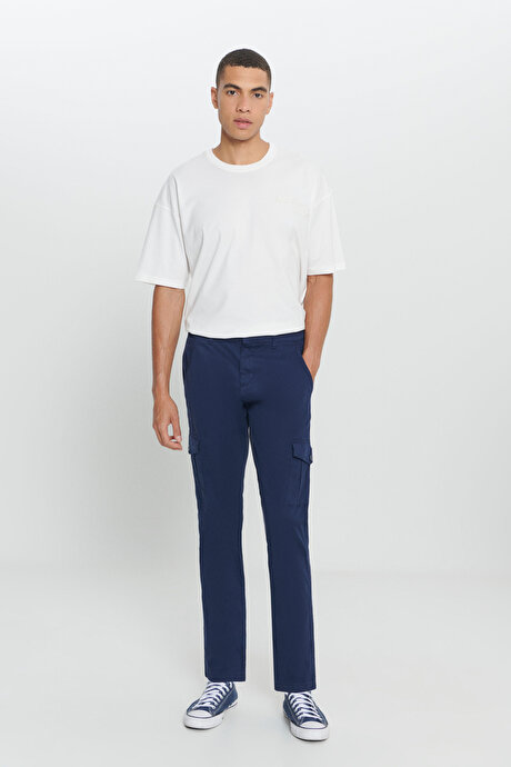 Ekstra Slim Fit Dar Kesim Kargo Cepli Pamuklu Esnek Lacivert Pantolon resmi