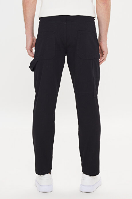 Oversize Bol Kesim Beli Bağlamalı Pamuklu Esnek Armürlü Yan Cepli Siyah Pantolon resmi