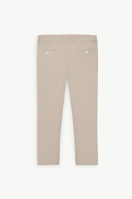 Slim Fit Dar Kesim Beli Bağlamalı Yan Cep Gofre Desenli Bej Pantolon resmi
