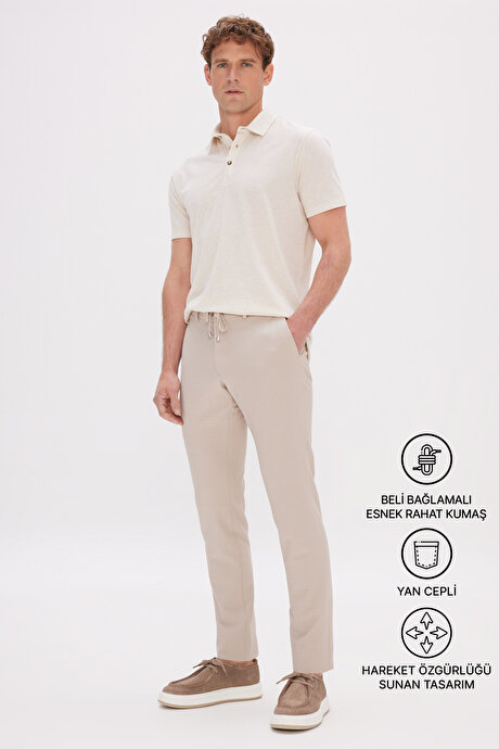 Slim Fit Dar Kesim Beli Bağlamalı Yan Cep Gofre Desenli Bej Pantolon resmi