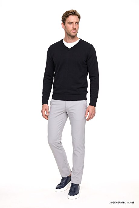 Slim Fit Dar Kesim Beli Bağlamalı Yan Cep Gofre Desenli Gri Pantolon resmi