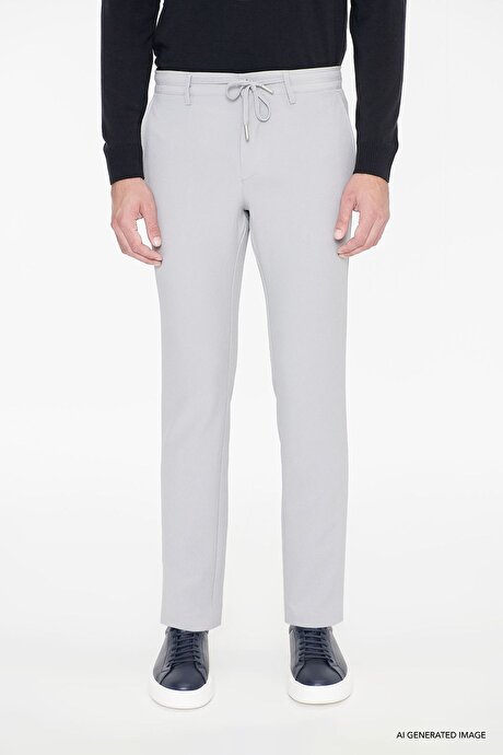 Slim Fit Dar Kesim Beli Bağlamalı Yan Cep Gofre Desenli Gri Pantolon resmi
