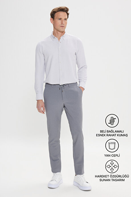 Slim Fit Dar Kesim Beli Bağlamalı Yan Cep Gofre Desenli Gri Pantolon resmi