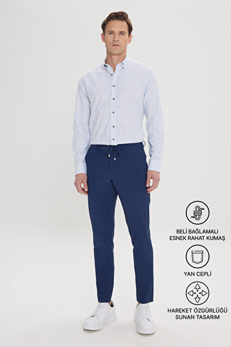 Slim Fit Dar Kesim Beli Bağlamalı Yan Cep Gofre Desenli Lacivert Pantolon resmi