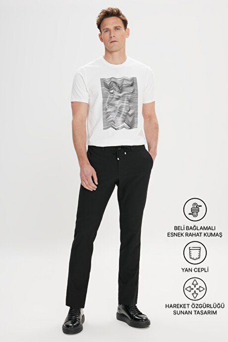 Slim Fit Dar Kesim Beli Bağlamalı Yan Cep Gofre Desenli Siyah Pantolon resmi