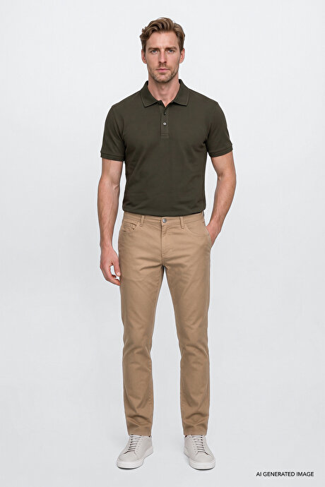 Slim Fit Dar Kesim 5 Cep Pamuklu Esnek Camel Chino Pantolon resmi
