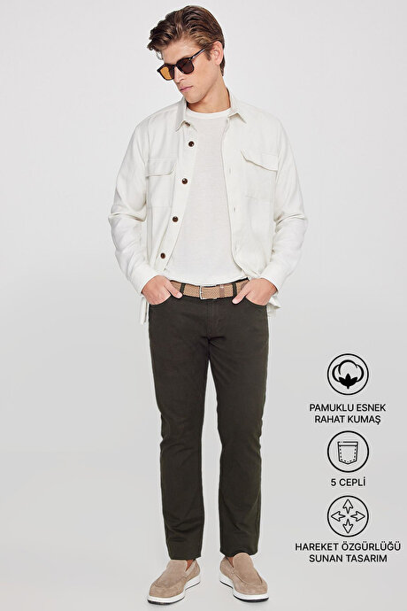 Slim Fit Dar Kesim 5 Cep Pamuklu Esnek Haki Chino Pantolon resmi