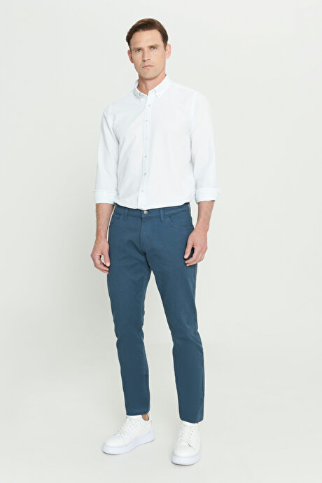 Slim Fit Dar Kesim 5 Cep Pamuklu Esnek Petrol Chino Pantolon resmi