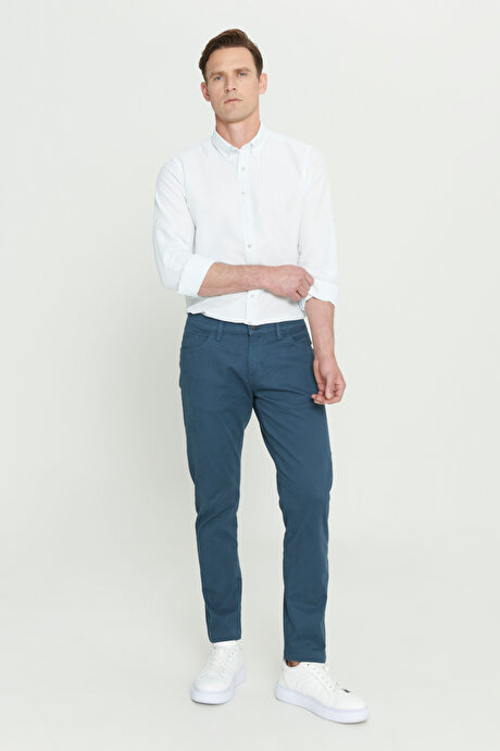 Slim Fit Dar Kesim 5 Cep Pamuklu Esnek Petrol Chino Pantolon resmi
