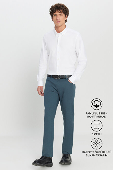 Slim Fit Dar Kesim 5 Cep Pamuklu Esnek Petrol Chino Pantolon resmi