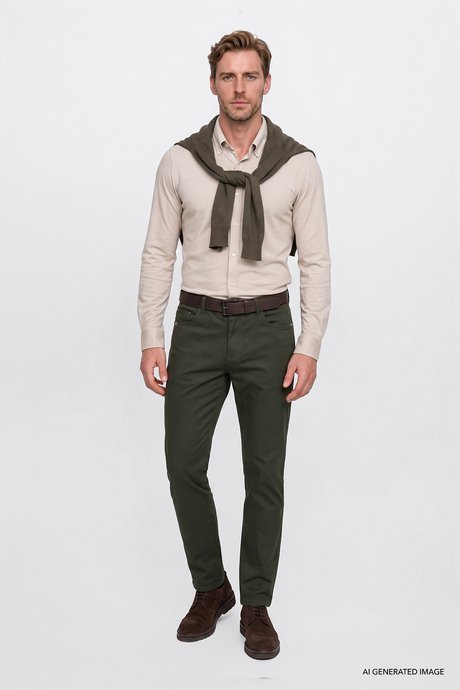 Pamuklu Tapered Fit 5 Cepli Diagonal Desenli Esnek Chino Haki Chino Pantolon resmi