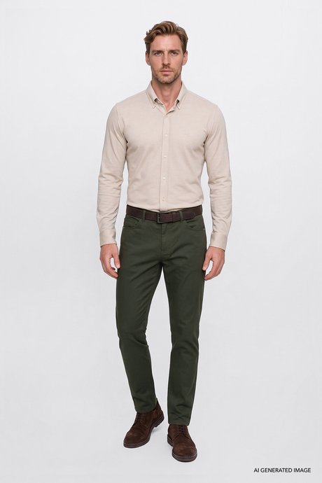 Pamuklu Tapered Fit 5 Cepli Diagonal Desenli Esnek Chino Haki Chino Pantolon resmi