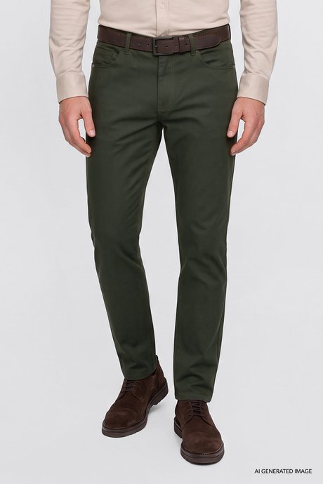 Pamuklu Tapered Fit 5 Cepli Diagonal Desenli Esnek Chino Haki Chino Pantolon resmi
