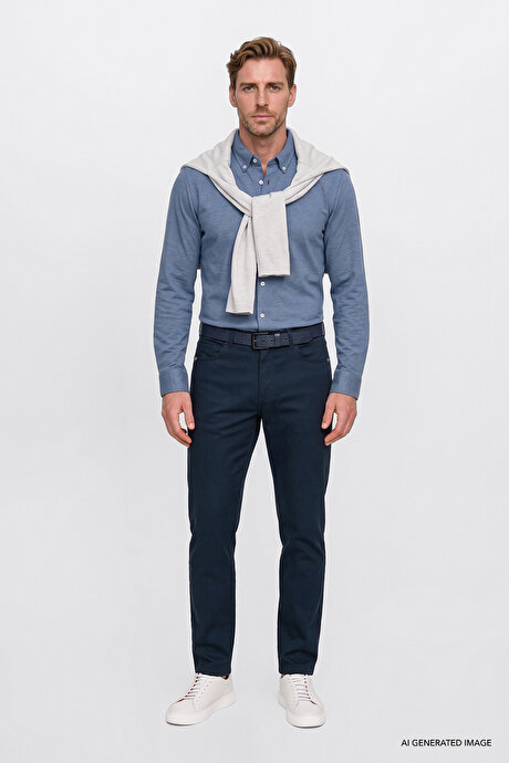 Pamuklu Tapered Fit 5 Cepli Diagonal Desenli Esnek Chino Lacivert Chino Pantolon resmi