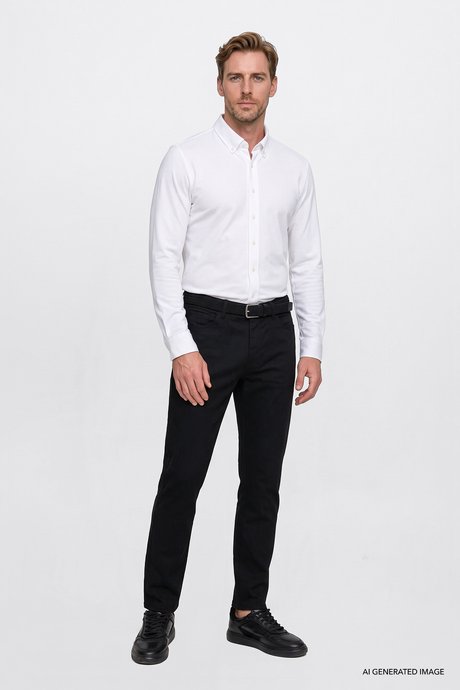 Pamuklu Tapered Fit 5 Cepli Diagonal Desenli Esnek Chino Siyah Chino Pantolon resmi