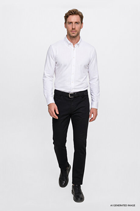 Pamuklu Tapered Fit 5 Cepli Diagonal Desenli Esnek Chino Siyah Chino Pantolon resmi