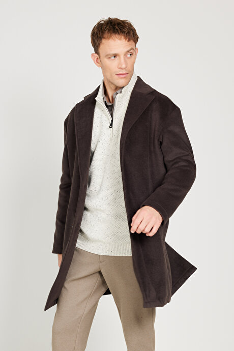 Oversize Fit Bol Kesim Mono Yaka Desenli Kahverengi Palto resmi