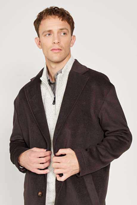 Oversize Fit Bol Kesim Mono Yaka Desenli Kahverengi Palto resmi