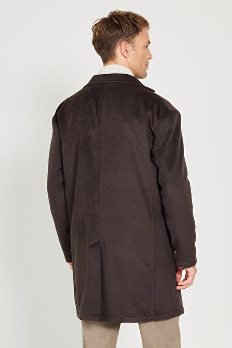 Oversize Fit Bol Kesim Mono Yaka Desenli Kahverengi Palto resmi