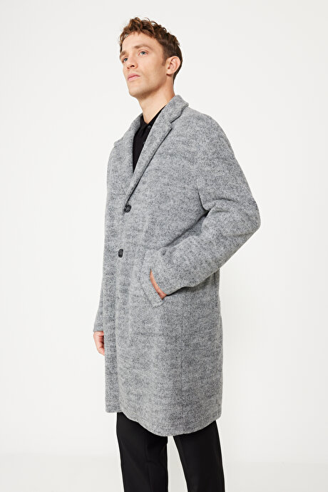Oversize Bol Kesim Mono Yaka Yünlü Kaşe Gri Palto resmi