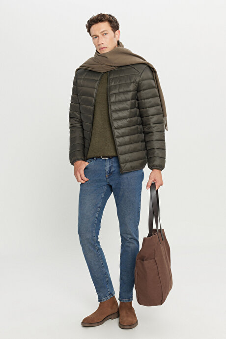 Rüzgar Geçirmez Sıcak Tutan Elyaf Dolgulu Ultra Hafif Standart Fit Şişme Haki Mont resmi