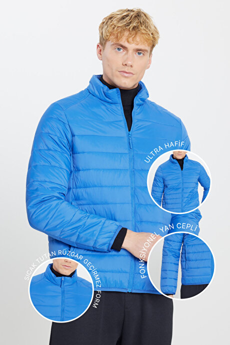 Rüzgar Geçirmez Sıcak Tutan Elyaf Dolgulu Ultra Hafif Standart Fit Şişme İndigo Mont resmi