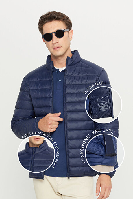 Rüzgar Geçirmez Sıcak Tutan Elyaf Dolgulu Ultra Hafif Standart Fit Şişme Lacivert Mont resmi