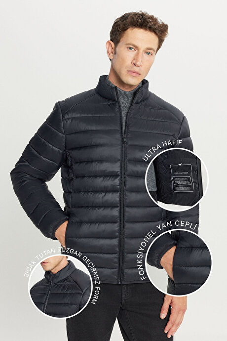 Rüzgar Geçirmez Sıcak Tutan Elyaf Dolgulu Ultra Hafif Standart Fit Şişme Siyah Mont resmi