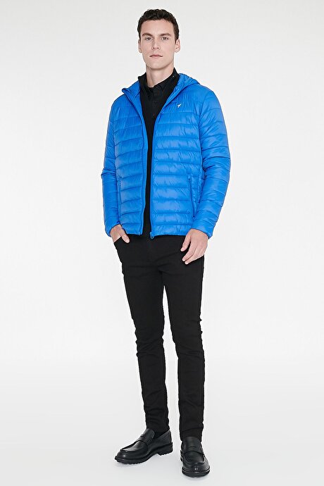 Standart Fit Normal Kesim Kapüşonlu Saks Mont resmi