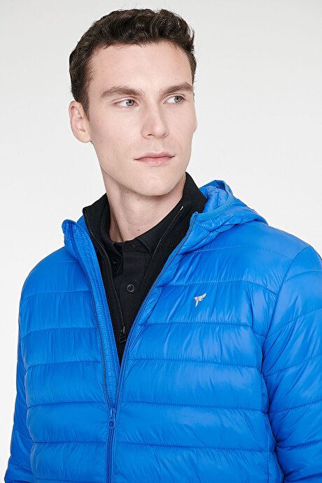 Standart Fit Normal Kesim Kapüşonlu Saks Mont resmi