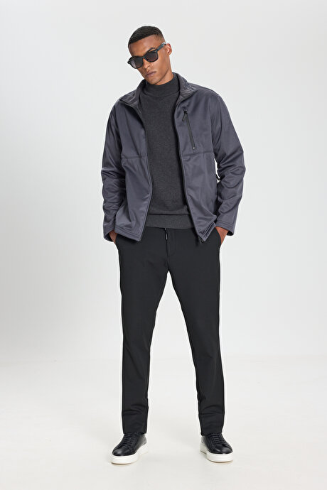 Sıcak Tutan Comfort Fit Rahat Kesim Dik Yaka Gri Mont resmi