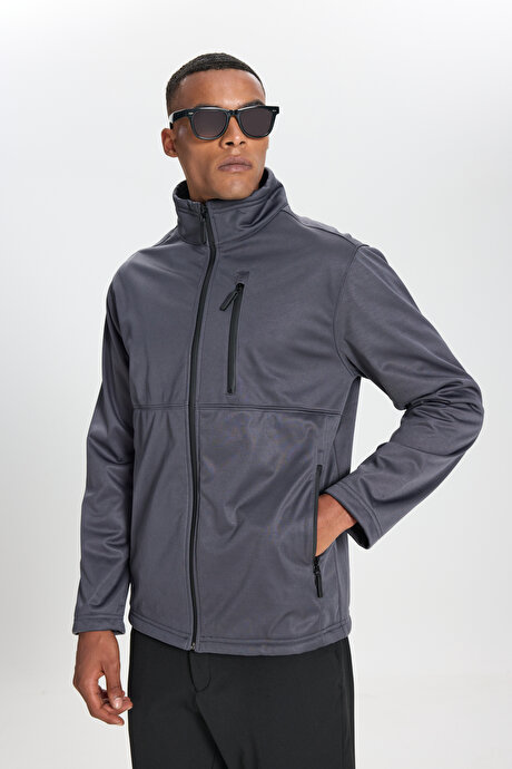 Sıcak Tutan Comfort Fit Rahat Kesim Dik Yaka Gri Mont resmi