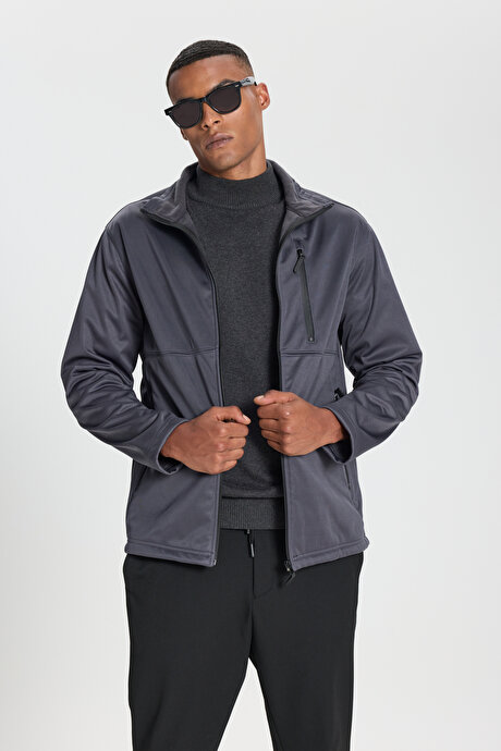 Sıcak Tutan Comfort Fit Rahat Kesim Dik Yaka Gri Mont resmi