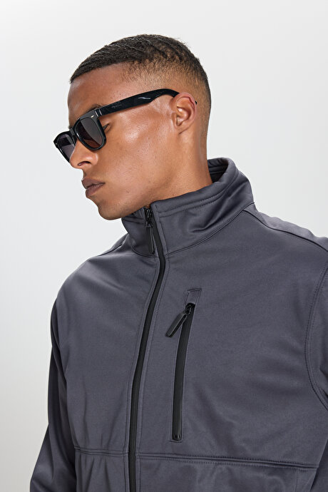 Sıcak Tutan Comfort Fit Rahat Kesim Dik Yaka Gri Mont resmi