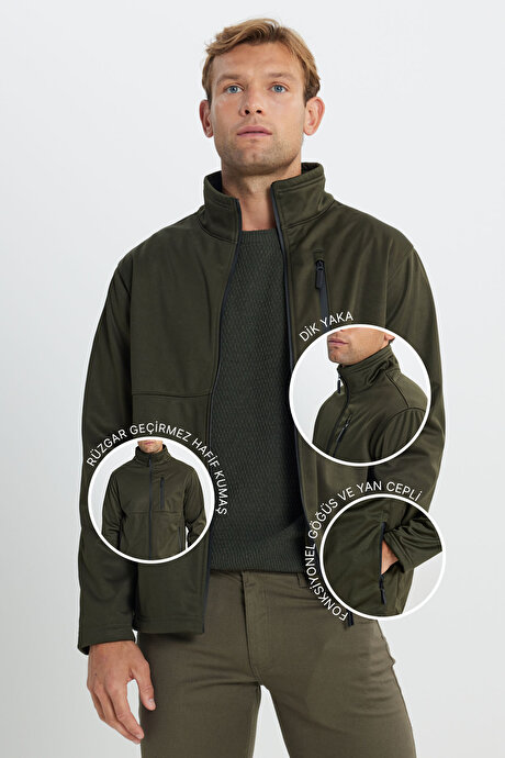 Sıcak Tutan Comfort Fit Rahat Kesim Dik Yaka Haki Mont resmi