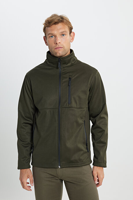 Sıcak Tutan Comfort Fit Rahat Kesim Dik Yaka Haki Mont resmi