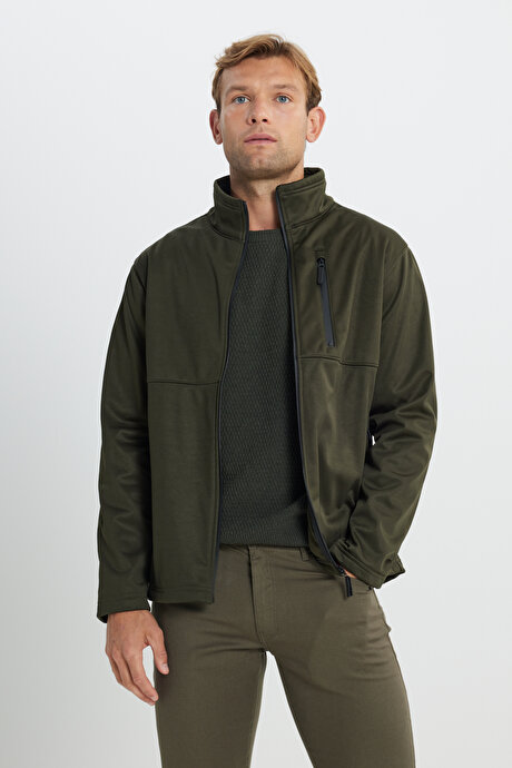 Sıcak Tutan Comfort Fit Rahat Kesim Dik Yaka Haki Mont resmi