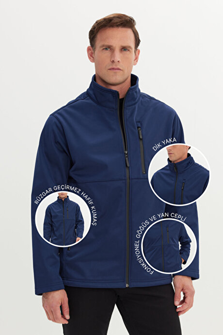 Sıcak Tutan Comfort Fit Rahat Kesim Dik Yaka Lacivert Mont resmi