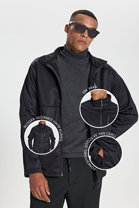 Sıcak Tutan Comfort Fit Rahat Kesim Dik Yaka Siyah Mont resmi