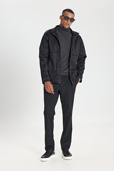 Sıcak Tutan Comfort Fit Rahat Kesim Dik Yaka Siyah Mont resmi