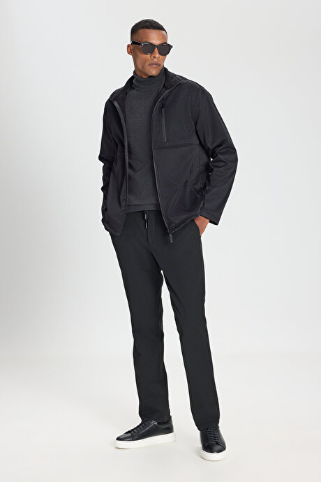Sıcak Tutan Comfort Fit Rahat Kesim Dik Yaka Siyah Mont resmi