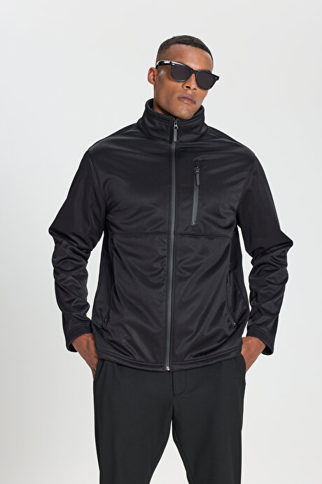 Sıcak Tutan Comfort Fit Rahat Kesim Dik Yaka Siyah Mont resmi