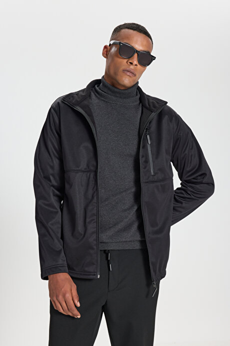 Sıcak Tutan Comfort Fit Rahat Kesim Dik Yaka Siyah Mont resmi