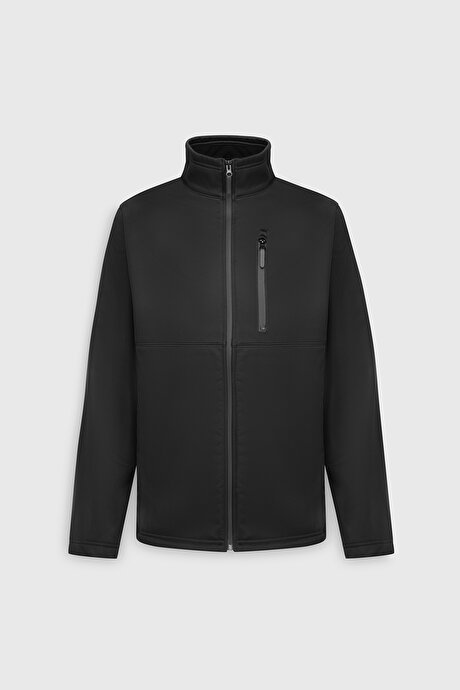 Sıcak Tutan Comfort Fit Rahat Kesim Dik Yaka Siyah Mont resmi